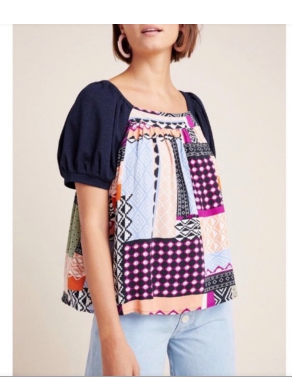 Anthropologie Maeve Catiana Patchwork Puff-Sleeve Blouse Small NWT